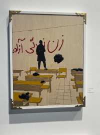 Picture of an artwork hanging on the wall, depicting a classroom with a student standing on a desk