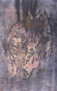 Artwork made of spray paint on a grey background