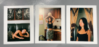 Three pictures of a model from different angles and different poses