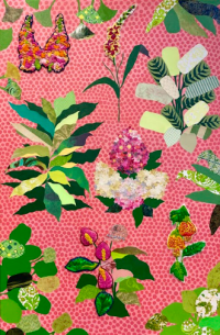 Different kinds of flowers and leaves, which are overlayed on a dotted pink background, made through different styles including bandages and multicolored threads
