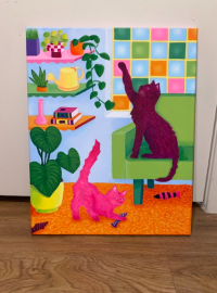 A colorful illustration of cats playing with toy fish and potted plants