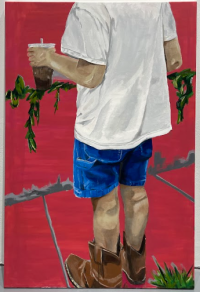 Painting of a person holding a drink in a cup and wearing a white shirt, blue shorts, and cowboy boots on a red background with some greenery