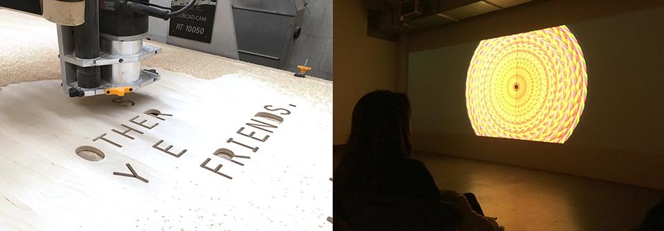 CNC Router Cutting Text next to a Video Projection in a dark room
