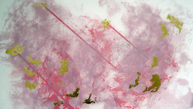 An abstract mixed media painting with pink and gold tones