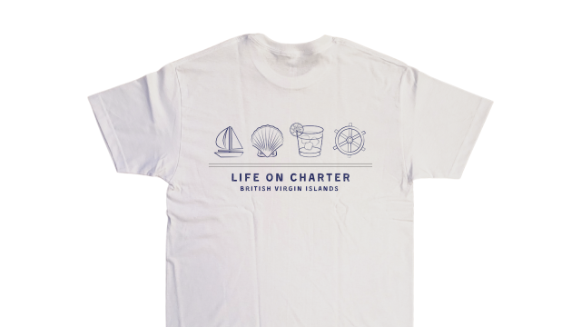 A t-shirt featuring a sailboat, shell, drink and sailboat steering wheel icons.